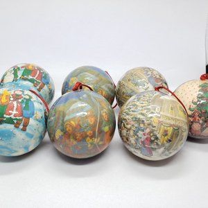 Winter Scene Round Caroler Victorian Decoupage Ornaments - Set of 7